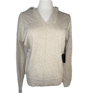 NWT Tribal Women S Beige Hooded V-neck Sweater Knit Mesh Long Sleeve 100% Cotton